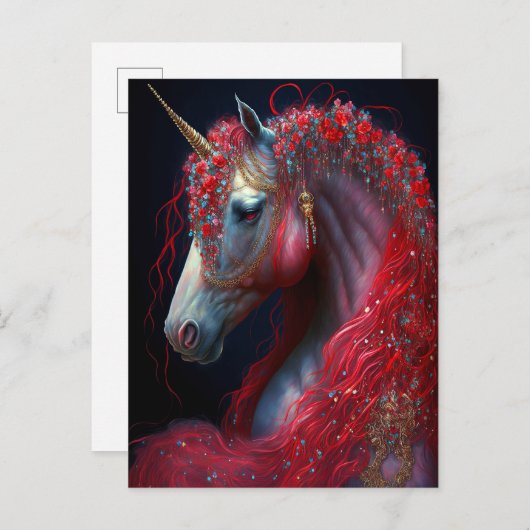 レッドジュエリードユニコーンファンタジーアート ポストカード (正面/裏面)