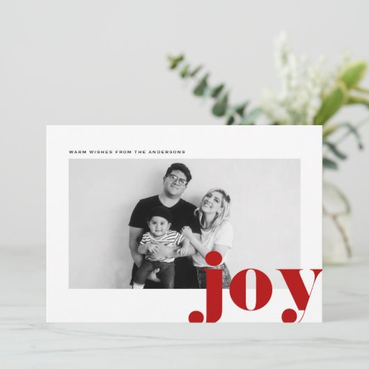 レッドジョイはっきりしたタイポグラフィモダン写真クリスマス シーズンカード (スタンド正面)