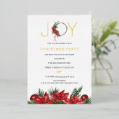 レッドジョイクリスマスパーティー葉リース 箔招待状 (立ち正面)