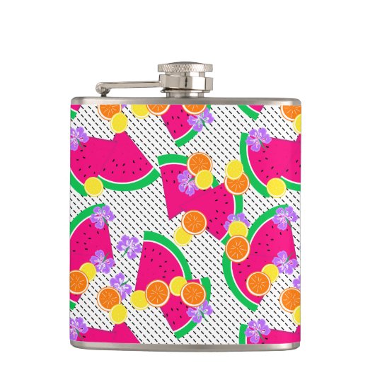 レッドスイカ黄色いレモンのトロピカルオンホワイト フラスク (正面)