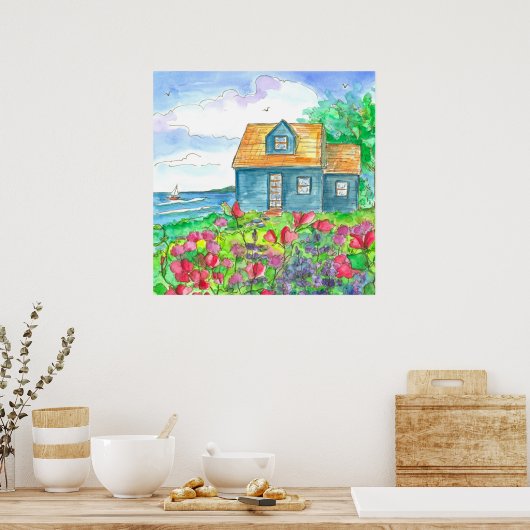 レッドスイートピースシーサイドコテージウォーターカラー ポスター (キッチン)