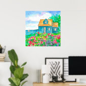 レッドスイートピースシーサイドコテージウォーターカラー ポスター (ホームオフィス)