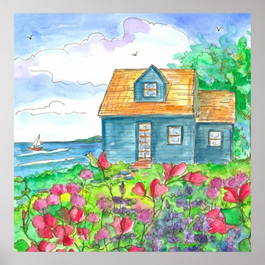 レッドスイートピースシーサイドコテージウォーターカラー ポスター (正面)