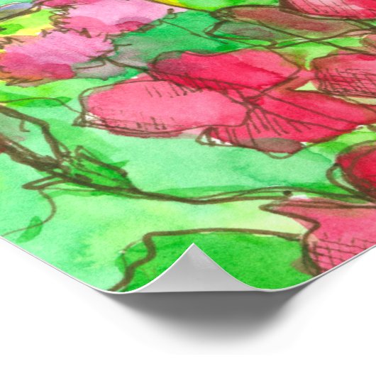 レッドスイートピースシーサイドコテージウォーターカラー ポスター (角)