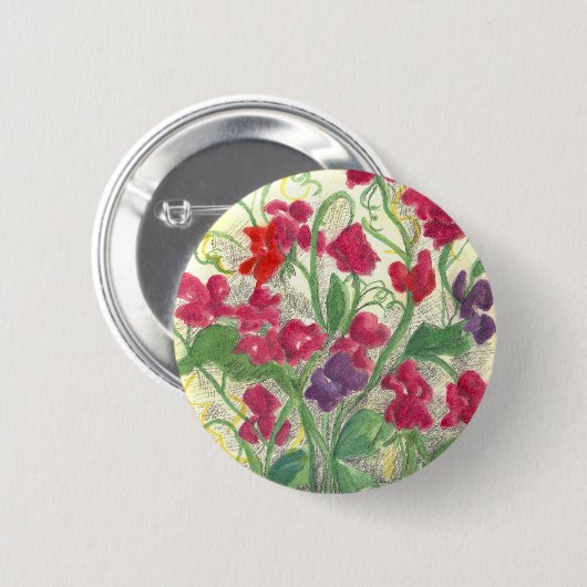 レッドスイートピーフラワーガーデンウォーターカラースケッチ 缶バッジ (正面&裏面)