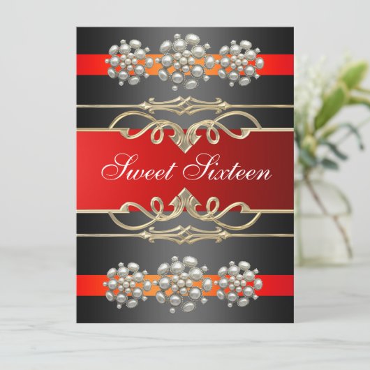レッドスウィート16エレガントパール誕生日招待状 招待状 (スタンド正面)