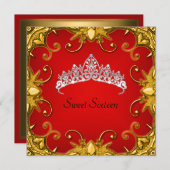 レッドスウィート16バースデーパーティー金ゴールドホワイトティアラ 招待状 (正面/裏面)