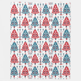 レッドスカンジナビアのクリスマスツリーフォークアートウィンター フリースブランケット