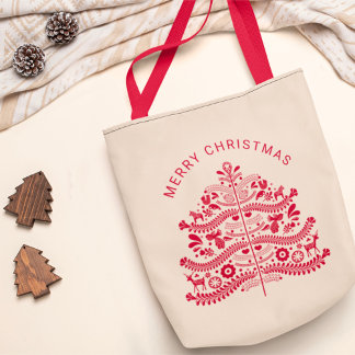 レッドスカンジナビアフォークアートクリスマスツリー トートバッグ