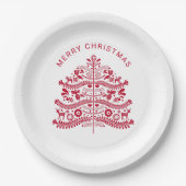 レッドスカンジナビアフォークアートクリスマスツリー ペーパープレート (正面)
