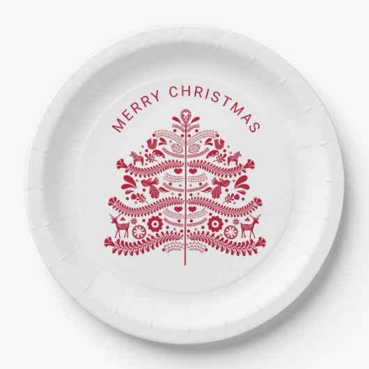 レッドスカンジナビアフォークアートクリスマスツリー ペーパープレート (正面)