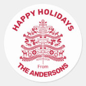 レッドスカンジナビアフォークアートクリスマスツリー ラウンドシール (正面)