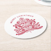 レッドスカンジナビアフォークアートクリスマスツリー ラウンドペーパーコースター (アングル)