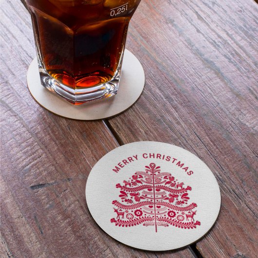 レッドスカンジナビアフォークアートクリスマスツリー ラウンドペーパーコースター