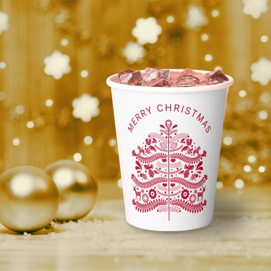 レッドスカンジナビアフォークアートクリスマスツリー 紙コップ