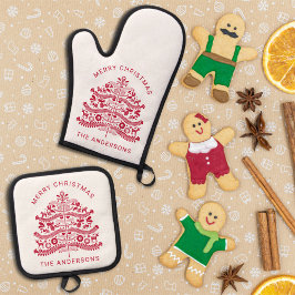 レッドスカンジナビアフォークアートクリスマスツリー 鍋つかみ&鍋敷きセット