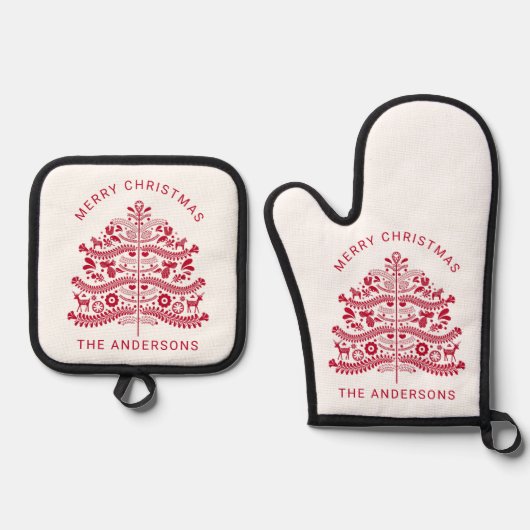 レッドスカンジナビアフォークアートクリスマスツリー 鍋つかみ&鍋敷きセット (正面)