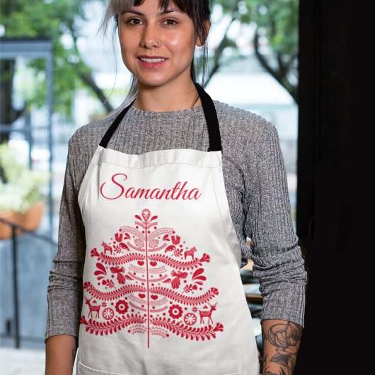 レッドスカンジナビアフォークアートノルディッククリスマスツリー エプロン