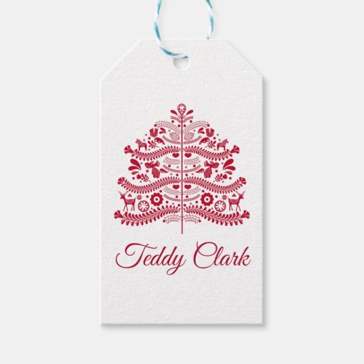 レッドスカンジナビアフォークアートノルディッククリスマスツリー ギフトタグ (正面)