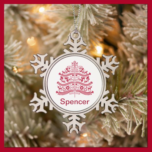 レッドスカンジナビアフォークアートノルディッククリスマスツリー スノーフレークピューターオーナメント