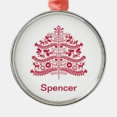 レッドスカンジナビアフォークアートノルディッククリスマスツリー メタルオーナメント (正面)