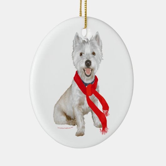 レッドスカーフで冬のウェスティー セラミックオーナメント (右)