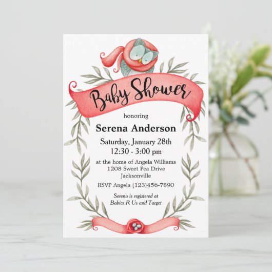 レッドスカーフのウッドランドフクロウ赤ちゃんシャワー 招待状 (スタンド正面)