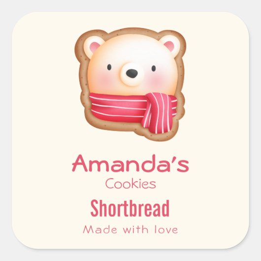 レッドスカーフの可愛いクマ顔クリスマスクッキー スクエアシール (正面)
