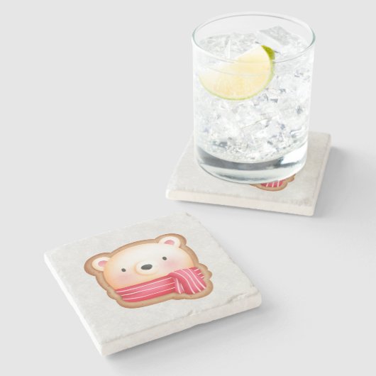 レッドスカーフの可愛いクマ顔クリスマスクッキー ストーンコースター (横)