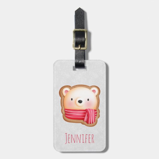 レッドスカーフの可愛いクマ顔クリスマスクッキー ラゲッジタグ (正面縦)