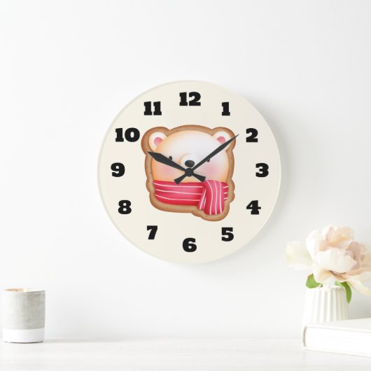 レッドスカーフの可愛いクマ顔クリスマスクッキー ラージ壁時計 (ホーム)