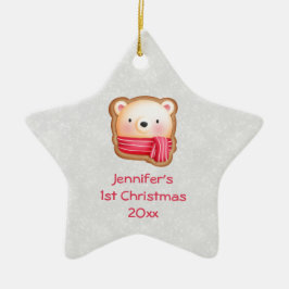 レッドスカーフの可愛いクマ顔1stクリスマス セラミックオーナメント
