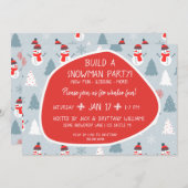 レッドスカーフキュートホリデイ雪だるま建物パーティー 招待状 (正面/裏面)