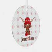 レッドスキーキャップとスカーフフォトのLonghorn メタルオーナメント (正面右)