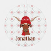 レッドスキーキャップとスカーフフォトのLonghorn メタルオーナメント (正面)