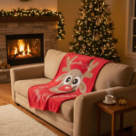 レッドスクリプトという名前のクリスマスのトナカイの漫画 フリースブランケット