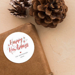 レッドスクリプトハッピーハウリデイズペットクリスマス ラウンドシール