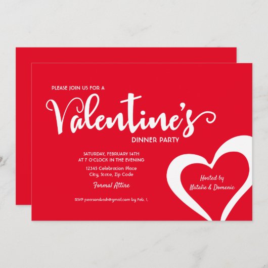 レッドスクリプトバレンタインディナーパーティの招待状 招待状 (正面/裏面)