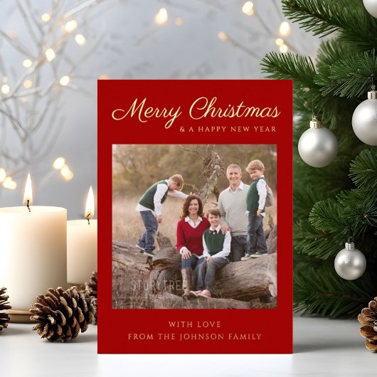 レッドスクリプトフォトクリスマスゴールドフォイルホリデーカード 箔招待状