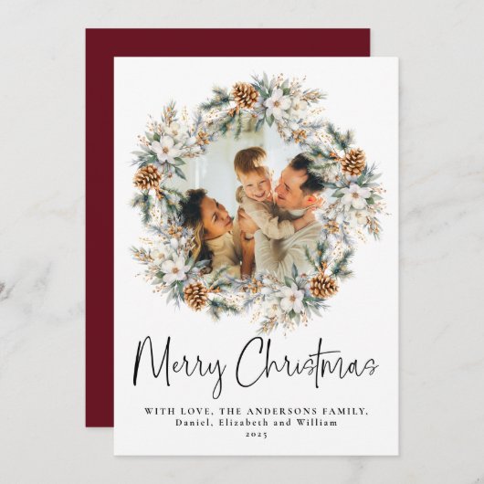 レッドスクリプトボエレガントタニカルリースクリスマス シーズンカード (正面/裏面)