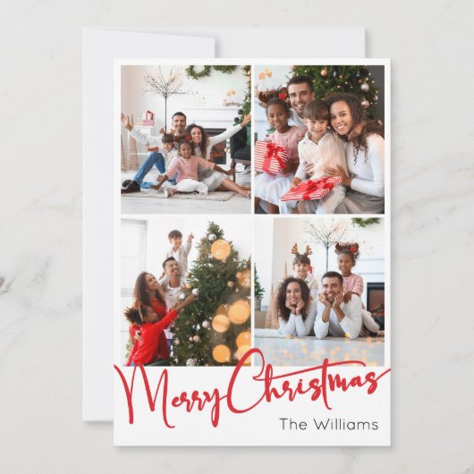 レッドスクリプトメリークリスマス垂直4写真 シーズンカード (正面)