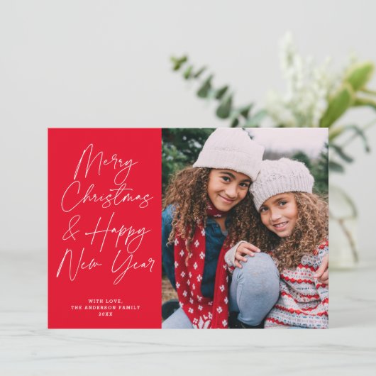 レッドスクリプトメリークリスマス&ハッピーニューイヤー写真 シーズンカード (スタンド正面)