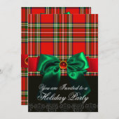 レッドスコットランドタータンチェック及びグリーンボウクリスマスパーティー 招待状 (正面/裏面)