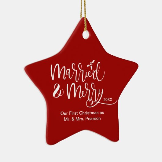 レッドスター私たちの初めてのクリスマス結婚したのメリー写真 セラミックオーナメント (右)