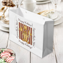 レッドストライプクリスマスクッキーかわいいジンジャーブレッドマン ラージペーパーバッグ