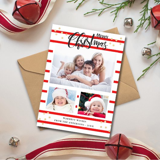 レッドストライプクリスマスメリークリスマス3フォトコラージカード シーズンカード