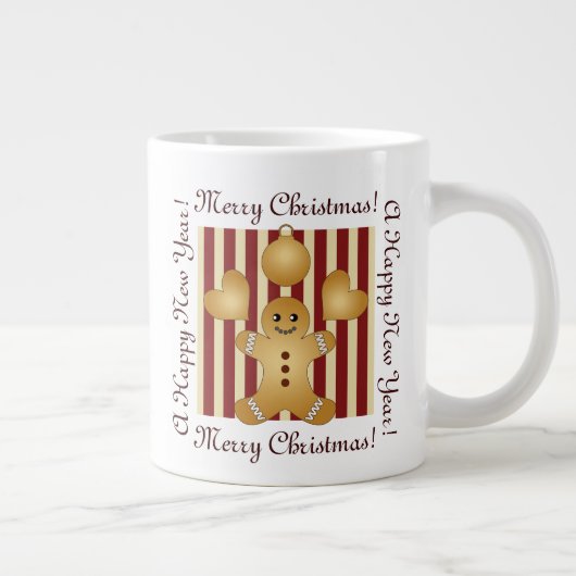 レッドストライプジンジャーブレッドマンかわいいクリスマス ジャンボコーヒーマグカップ (右)