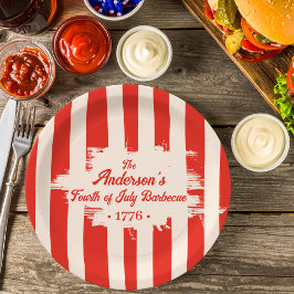 レッドストライプホワイト&ブルーファミリーネームバーベキュー ペーパープレート