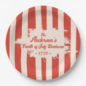 レッドストライプホワイト&ブルーファミリーネームバーベキュー ペーパープレート (正面)