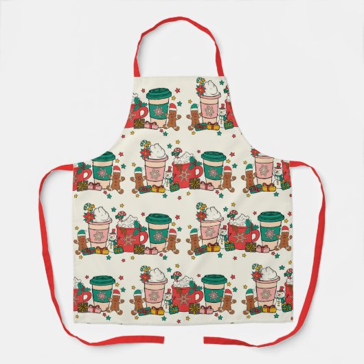 レッドストラップ付きホリデーコーヒーキッチンエプロン エプロン (正面)